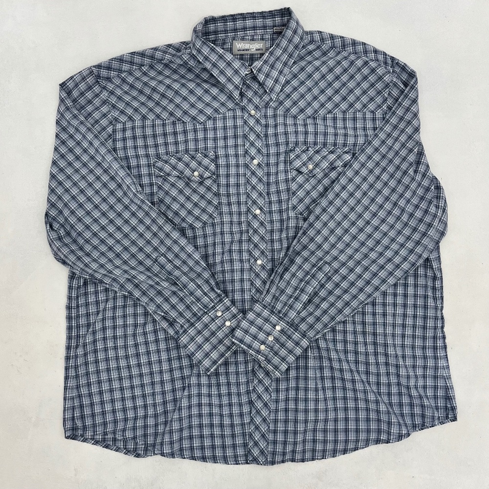 Wrangler Wrancher‎ Mens Size XXL Button Up Western Shirt Blue Gray Plaid Snap